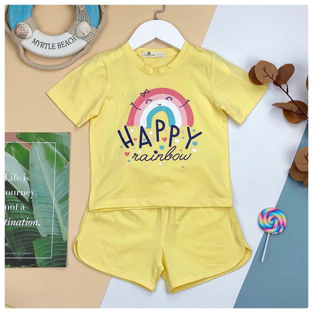 Bộ cotton bé gái quần đùi, cầu vồng in chữ size 3-9T, cho bạn 12-27kg. Chất cotton 4 chiều, đanh chất, dễ mặc