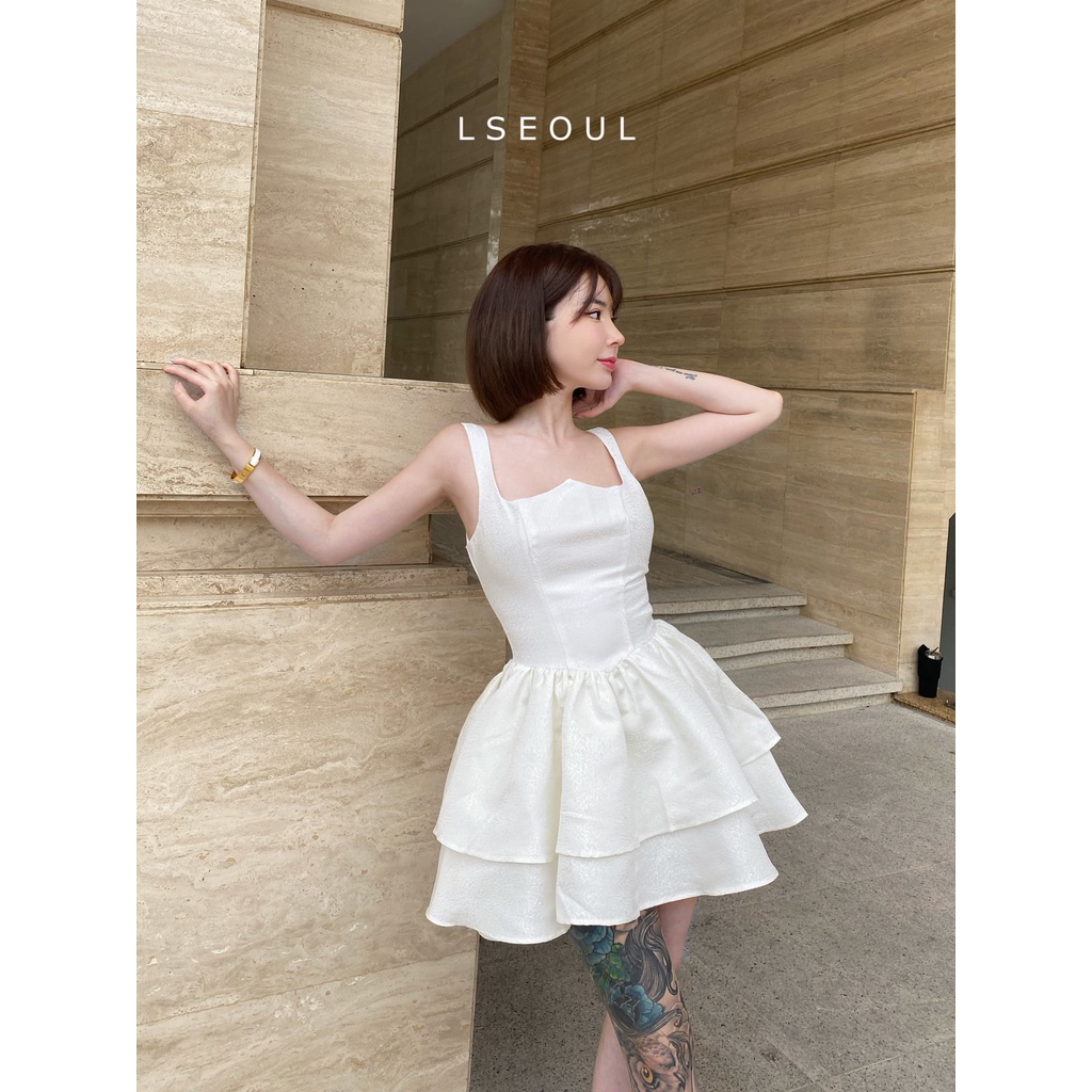 Váy Xòe Tầng Nhún Ánh Kim V1375 — LSEOUL Barbie Mini Dress Vải Gấm Sang Trọng Nữ Tính