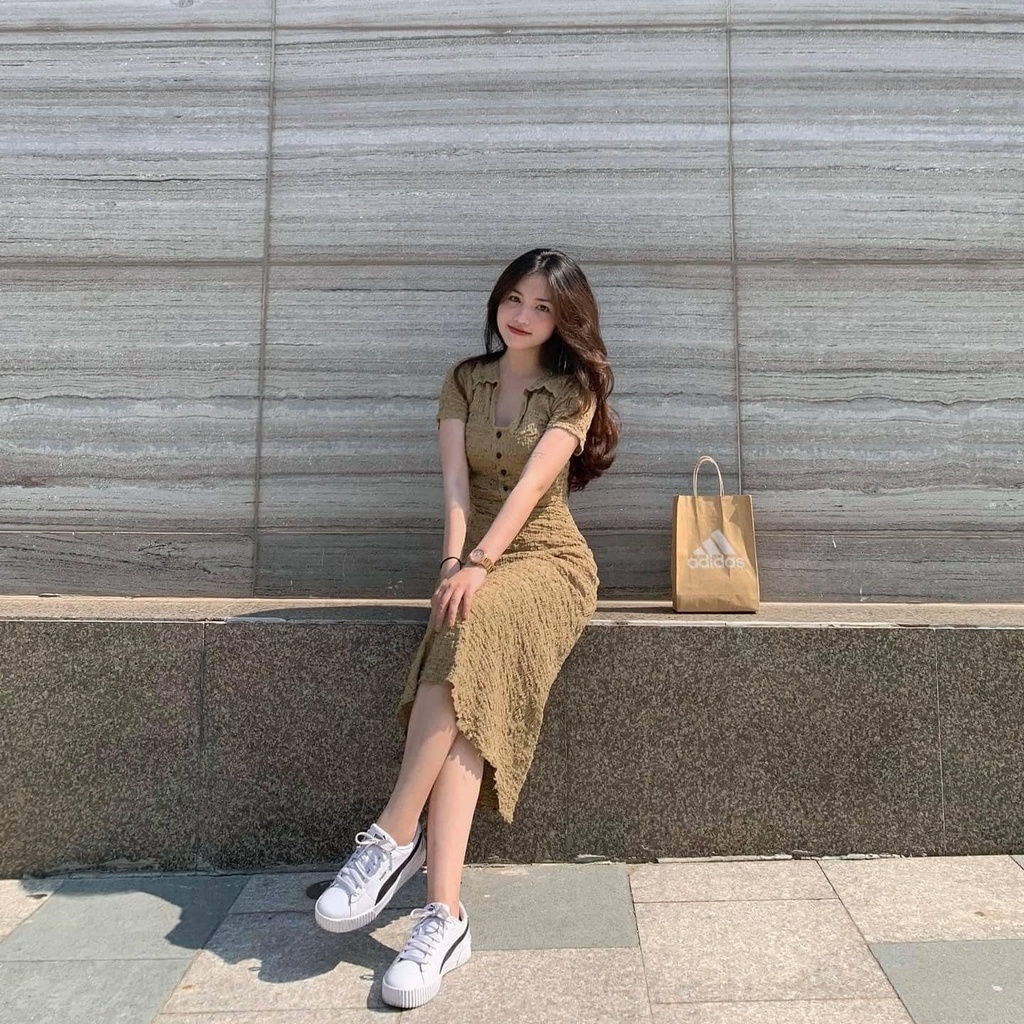 Đầm suông dài nút ngực