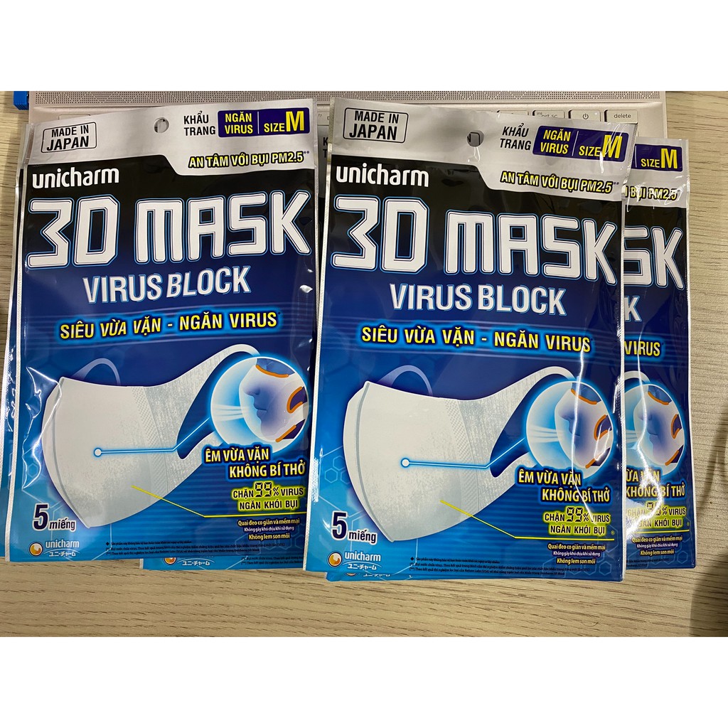 Khẩu Trang Ngăn Vi Khuẩn Unicharm 3D Mask Virus Block Size M (5 Miếng/Gói)