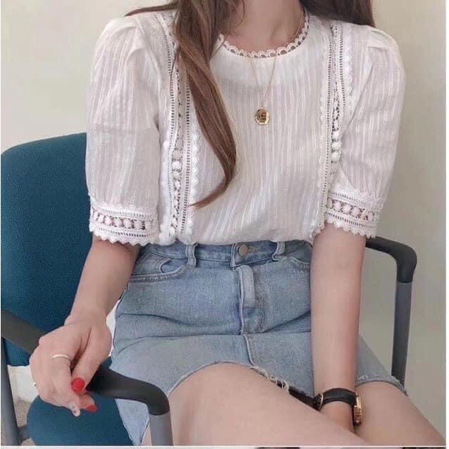 [Ảnh thật] Áo sơ mi babydoll cổ tròn cộc tay ren hai bên - Áo kiểu nữ ren cổ cách điệu ulzzang