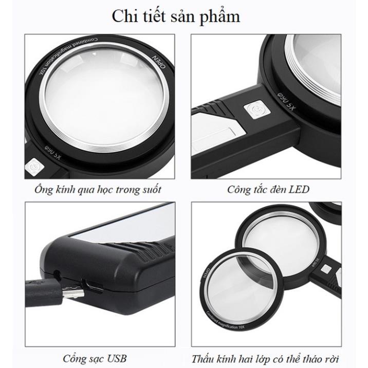 Kính lúp cầm tay đèn sạc điện phóng đại 8x-12x đọc sách báo, sửa chữa điện tử 6550