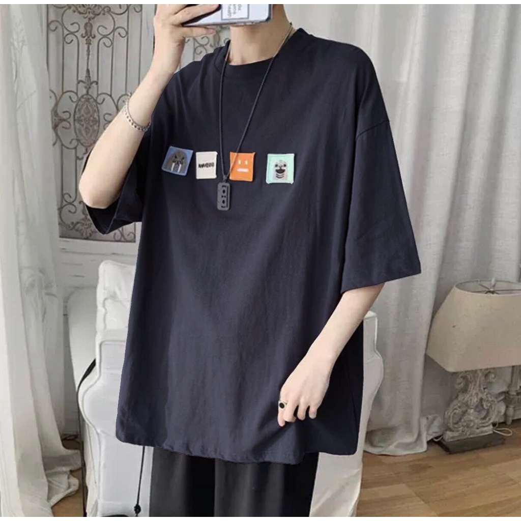 Áo phông nam nữ form rộng 2N Unisex thun cotton thêu 4 logo màu trắng/xanh/xám chì