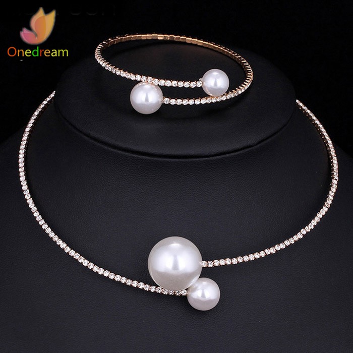 Set vòng cổ + vòng tay đính hạt ngọc trai thời trang cho nữ