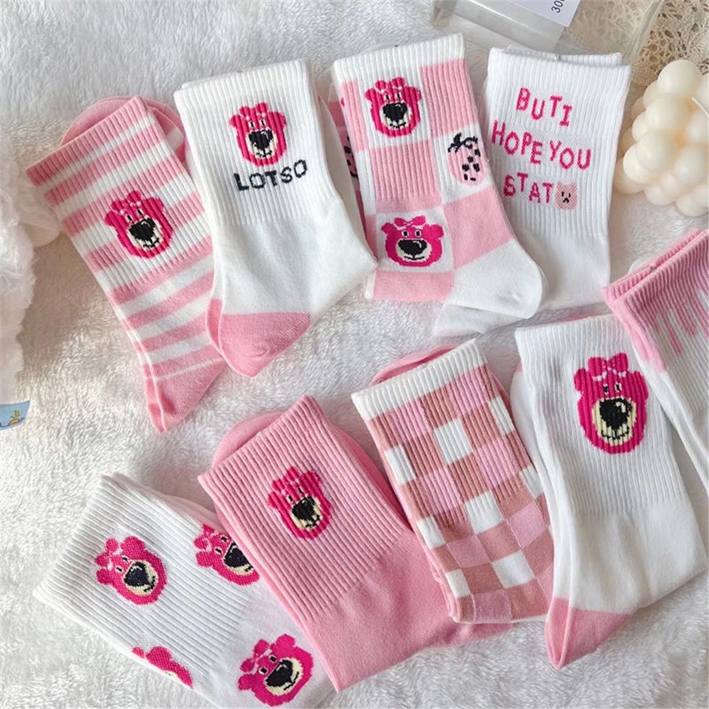 Vớ Cotton Họa Tiết Gấu Và Dâu Tây Hoạt Hình Dễ Thương Phong Cách Hàn Quốc Cho Nữ