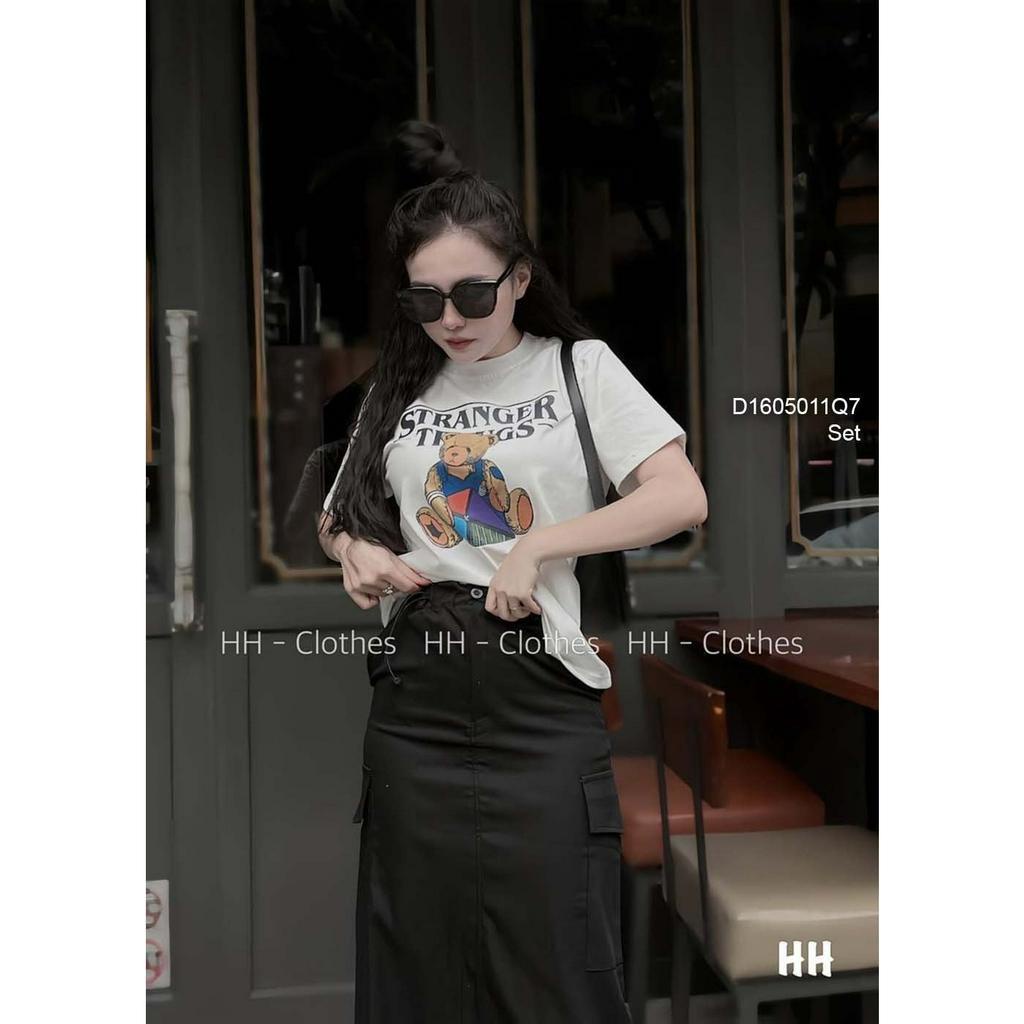 Set áo thun hình gấu tay con kèm chân váy dáng dài