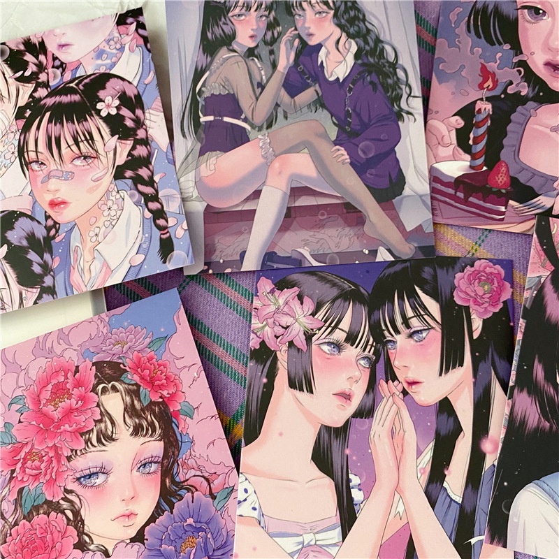 Postcard Set 9 Tấm Trang Trí Anime Girl Retro Vibe