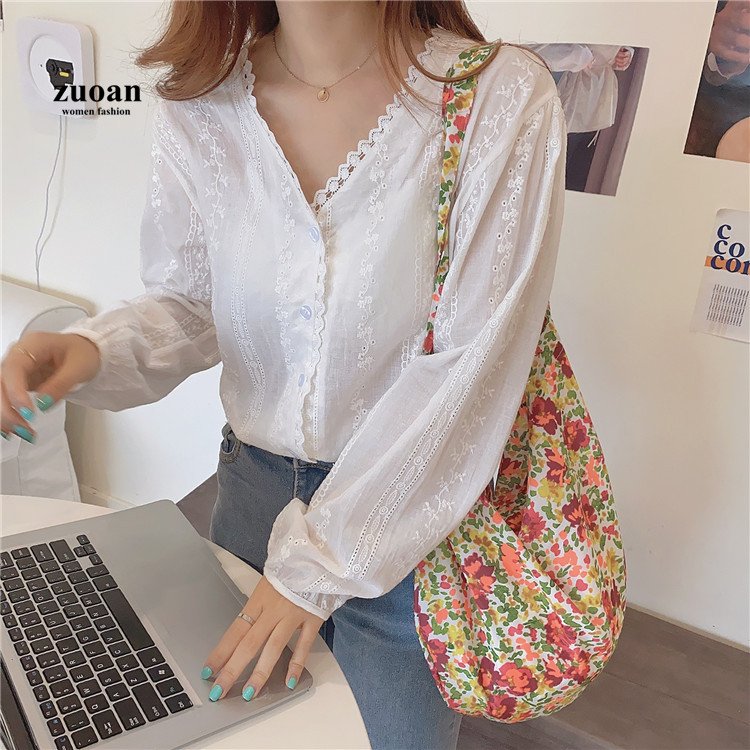 Áo kiểu SUXI dài tay cổ chữ V viền ren thời trang Hàn Quốc đơn giản