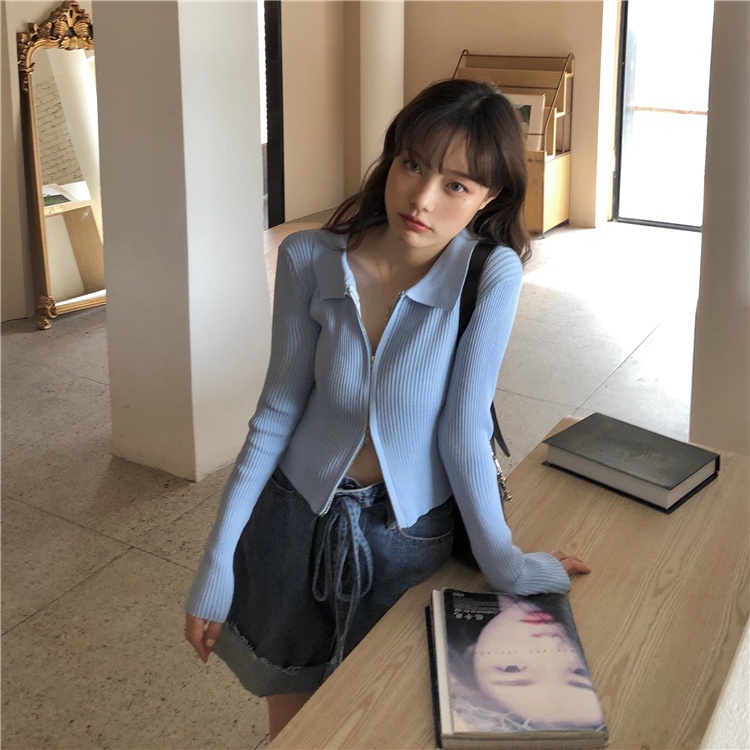 Áo Croptop Dệt Kim Tay Dài Cổ Chữ V Màu Sắc Đơn Giản Phối Khóa Kéo Phong Cách Retro