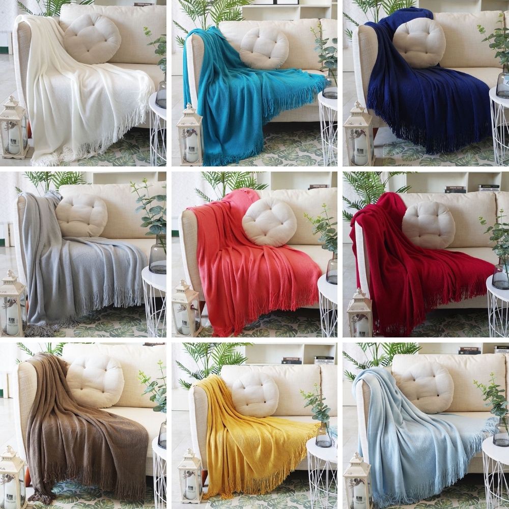 Chăn Thun Đan Len Dệt Kim Màu Trơn Phủ Ghế Sofa Phủ Giường Gelli