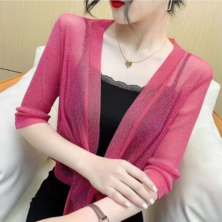 Áo Khoác Cardigan Vải Lưới Mỏng Màu Trơn Tay Lửng Chống Nắng Thời Trang Mùa Hè Cho Nữ