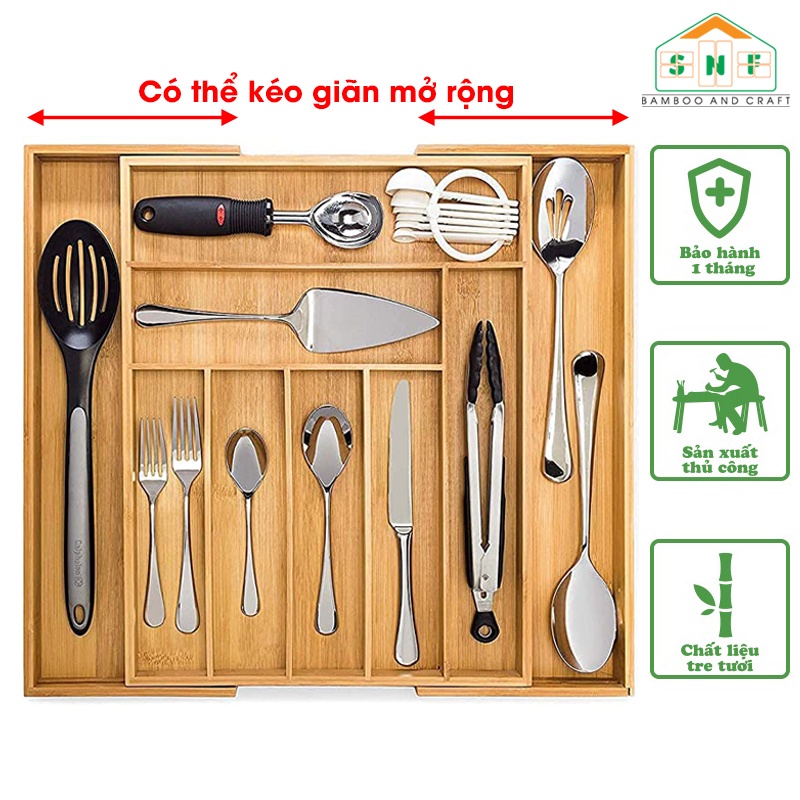 Khay Chia Tủ Bếp Đựng Muỗng Đũa Thìa 6 Ngăn Có Thể Kéo Dãn Mở Rộng - SNF Bamboo and Craft