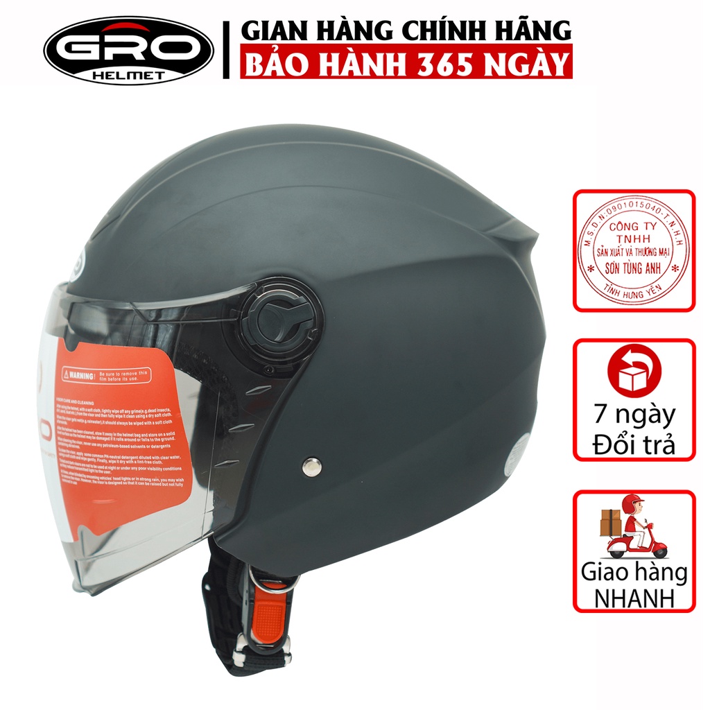 Mũ Bảo Hiểm 3/4 đầu GRO Helmet ST27 có kính dài che cả mặt, kiểu dáng thời trang, khóa kim loại chắc chắn - Đen Nhám