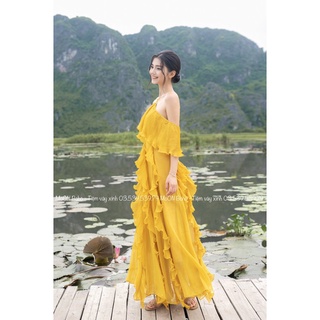 (Bán chạy) MOON  BOHO - MAXI VÀNG TRỄ VAI BÈO DẬP LY (CHẤT TƠ CAO CẤP)