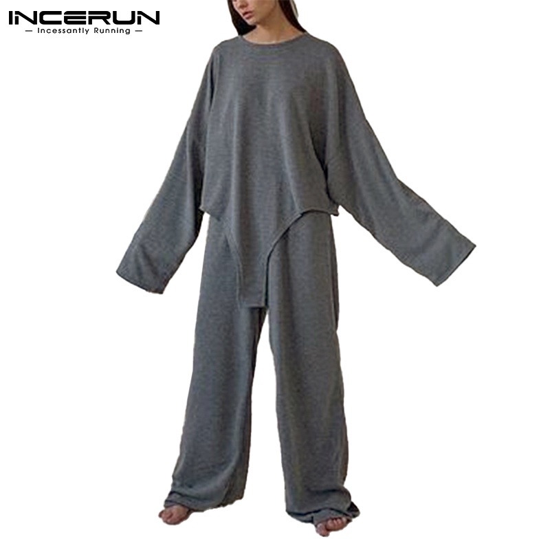 Bộ pijama INCERUN áo dài tay bất đối xứng + quần ống rộng lưng thun thoải mái cho nam
