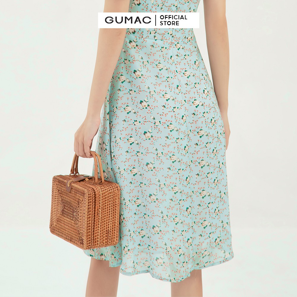 [Mã MABR07062 giảm 8% tối đa 50K đơn từ 249K] Đầm xòe nữ họa tiết hoa nhún ngực GUMAC màu xanh, đủ size DB380 | BigBuy360 - bigbuy360.vn