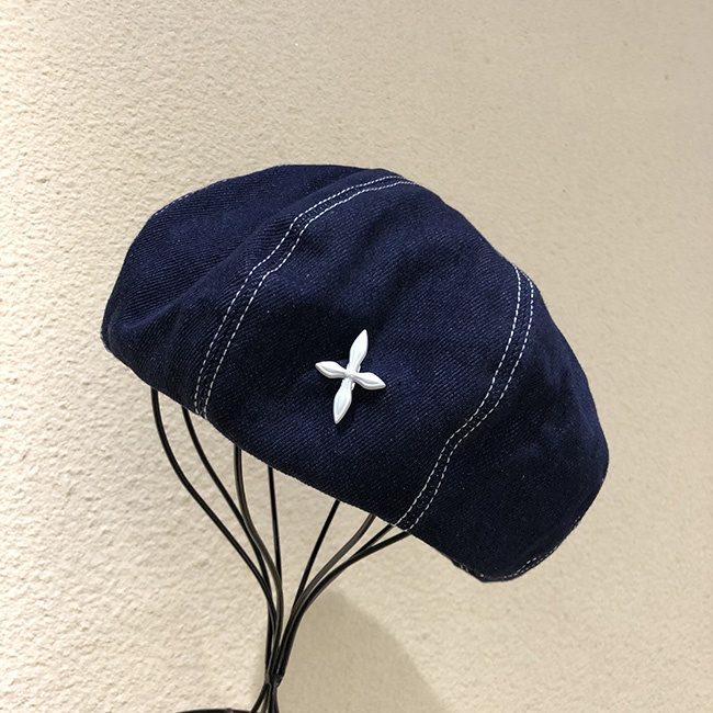 Nón Beret Denim Đính Nhãn Kim Loại Kiểu Họa Sĩ Thời Trang Hàn Quốc Dễ Phối Đồ