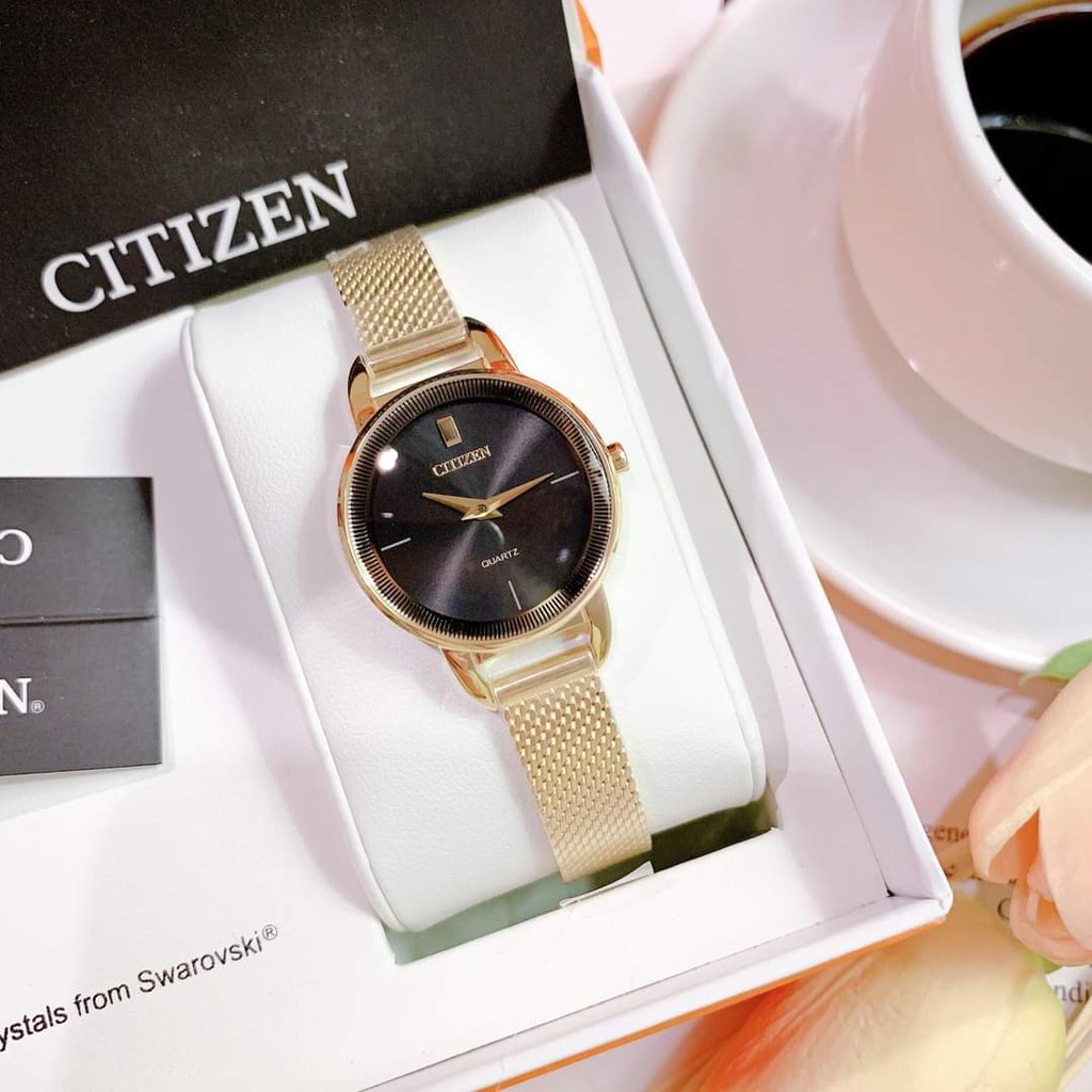 Đồng hồ Nữ Citizen Quartz EZ7002 Mặt đen-Máy Pin-Dây kim loại mạ vàng cao cấp-Size 26mm