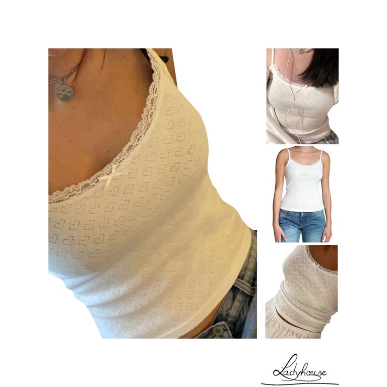 Áo Hai Dây Mỏng Ghép Vải Ren Hình Trái Tim Gợi Cảm Cho Nữ