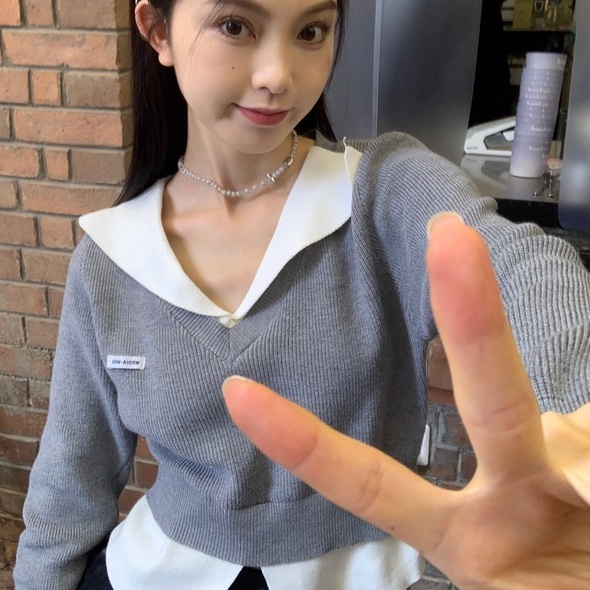 Đầm dệt kim ZHELIHANGFEI giả hai lớp tay dài cổ chữ V lưng cao thời trang trẻ trung