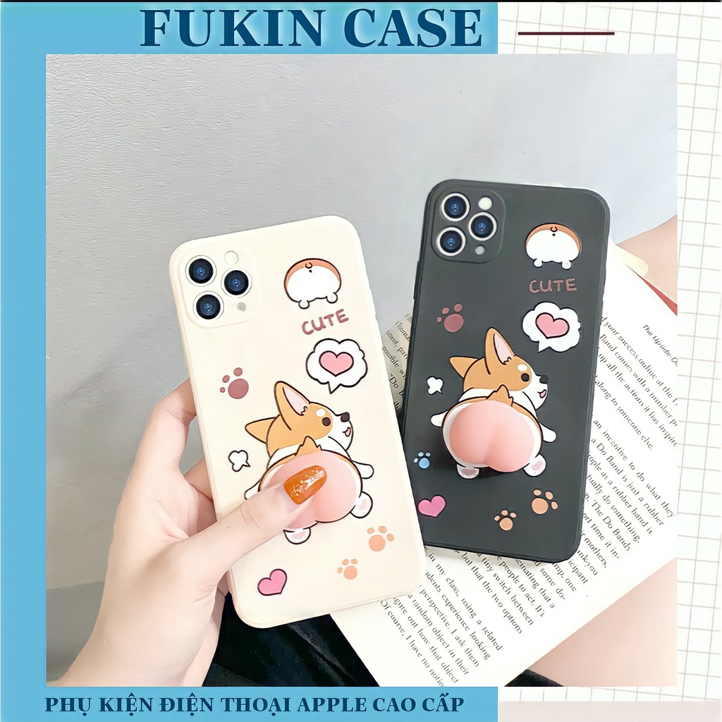 Ốp lưng iphone - Ốp iphone Corgi gắn đào cạnh vuông 6/6plus/6s/6splus/7/7plus/8/8plus/x/xs/11/12/pro/max/plus/promax