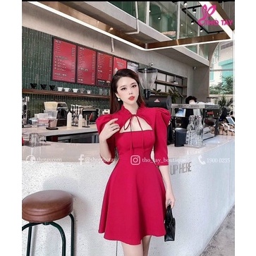 Đầm váy nữ cổ tàu tay phồng ngực phối nơ sang trọng from dáng xòe thời trang nữ cho quý cô dự tiệc, đi chơi xinh xắn