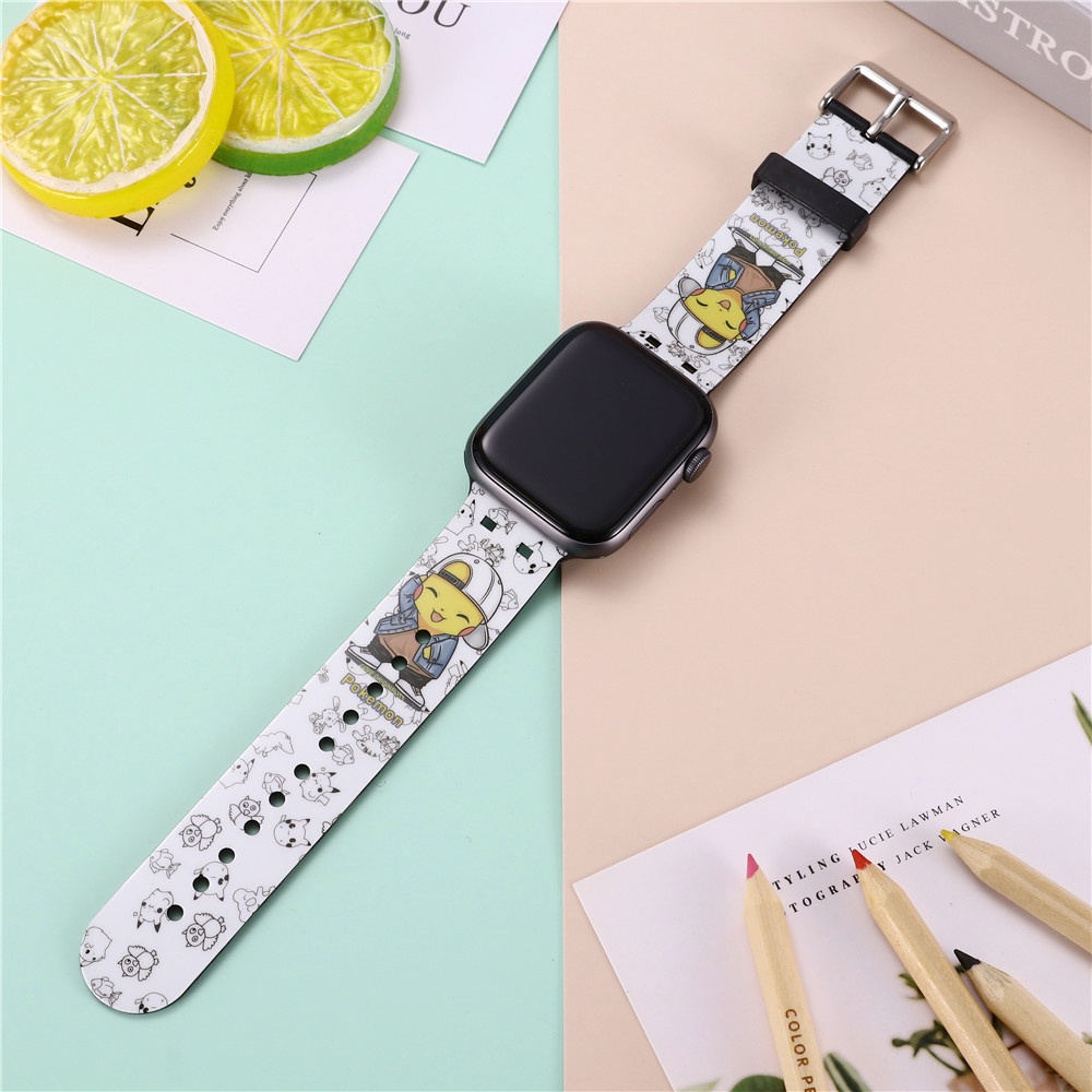 Dây Đeo Đồng Hồ Họa Tiết Hoạt Hình Pikachu Cho iWatch Series 8 7 SE 6 5 4 3 2 1 Correa Thay Thế 38 40 41 42 44 45mm
