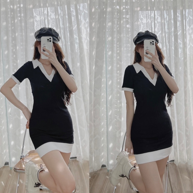 VÁY BODY CỔ VIỀN TRẮNG / ĐẦM BODY LEN GÂN