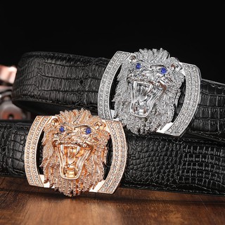 Thắt Lưng Đầu Sư Tử Hợp Kim Đính Đá Cao Cấp, Dây Da Bò Dập Vân Cá Sấu Siêu Ngầu
