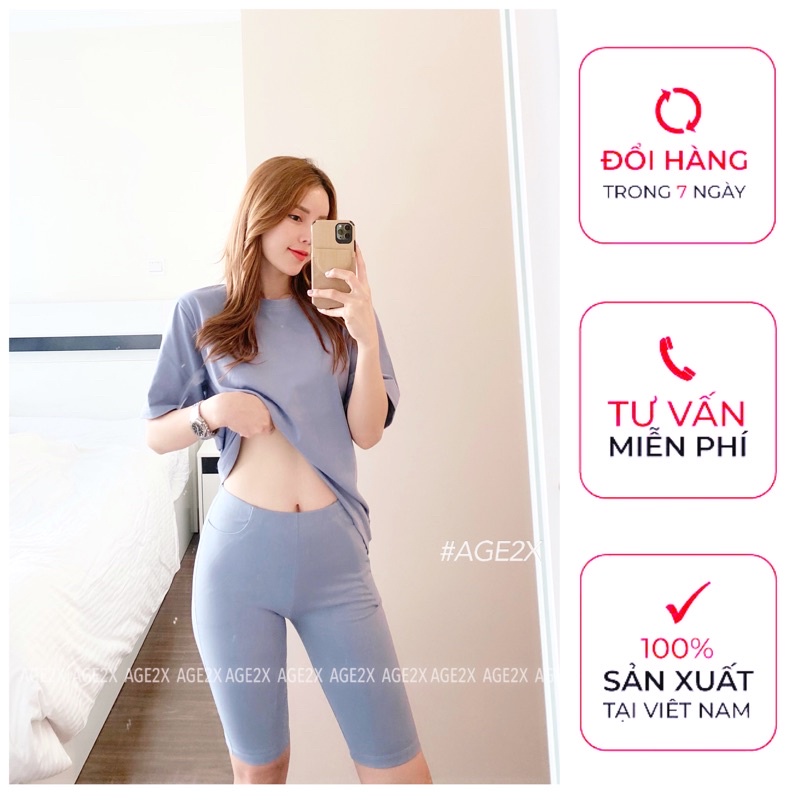 🔥 HOT SUMMER 🔥 Set, Bộ Nữ Light Blue AGE2X cao cấp Gồm Áo thun trơn và quần biker short- gam màu pastel sẵn SLL