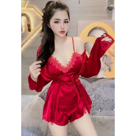 Sét bộ ngủ luạ kèm choàng sexy Viền Ren Chất Lụa Satin mềm mát | BigBuy360 - bigbuy360.vn
