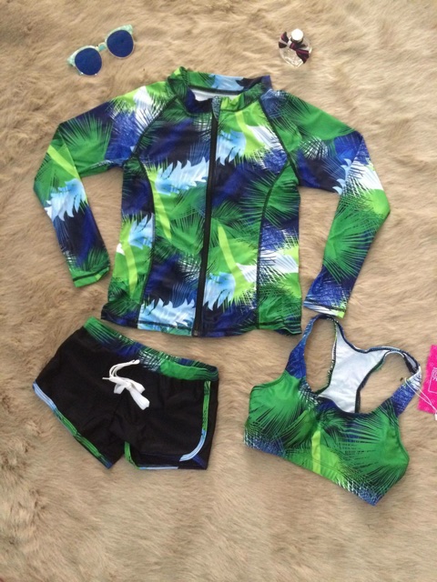 (Có sẵn, hàng mới) đồ bơi/ bikini 3 chi tiết dài tay hoạ tiết Xanh Lá | BigBuy360 - bigbuy360.vn
