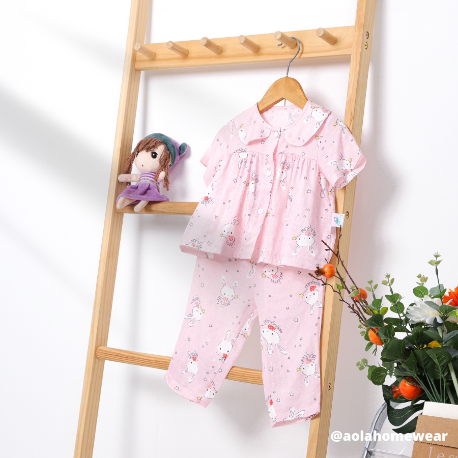 Pijama bé gái tay ngắn quần dài vải xô sợi tre Bamboo Premium hai lớp Áo Lá Homewear BAMG22, đồ ngủ vải xô