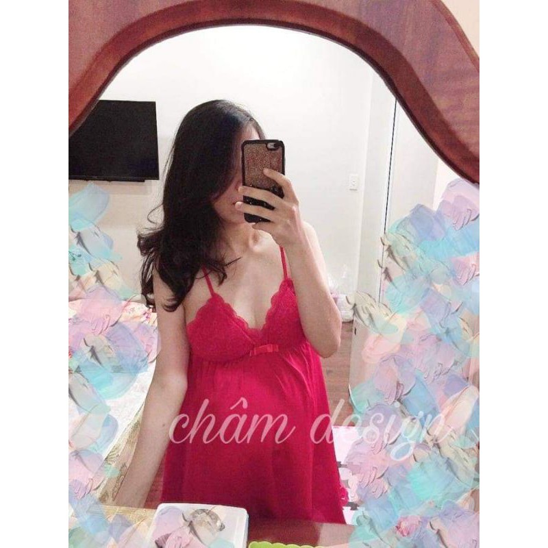 váy ngủ đỏ gắn nơ xinh bầu bí bọn chen thoải mái