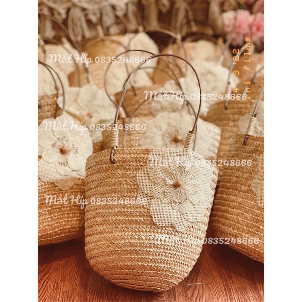 Hàng cao cấp túi cói hoa trà Vintage cầm tay siêu xinh túi có lót vải và dây rút miệng