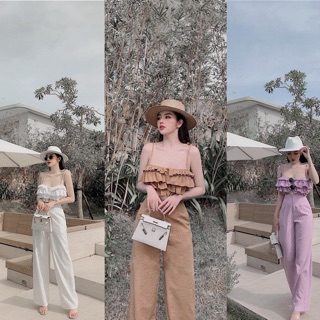 S185 Set Áo 2 Dây Bèo Xếp Ly phối Quần Ống Suông Cạp Cao Tôn Dáng , Chất Đũi Xước bao Xịn Xò