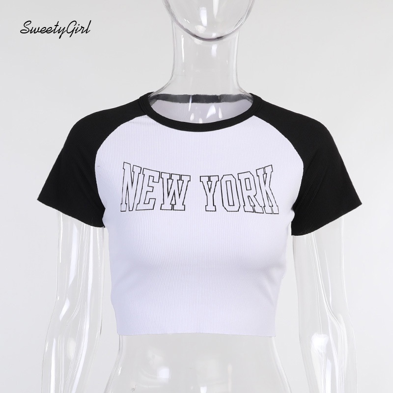 Áo Croptop Tay Ngắn Cổ Tròn In Chữ Phối Màu Tương Phản Thời Trang Cho Nữ