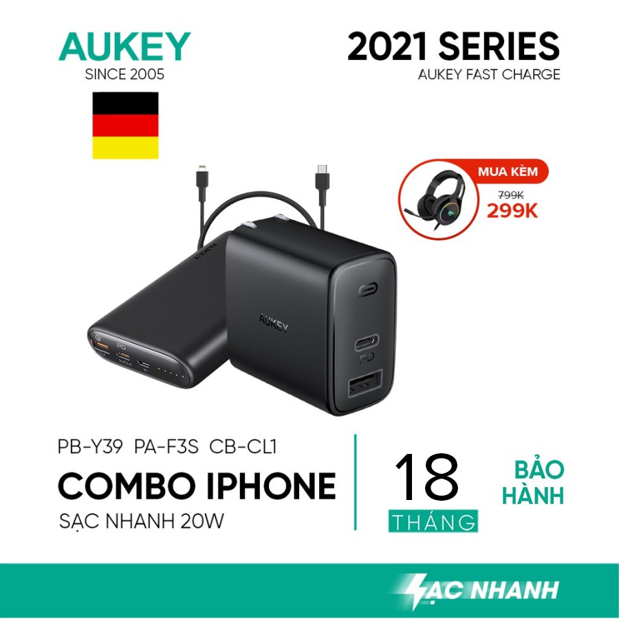 Combo AUKEY Sạc 15.000 mAh PB-Y39, Cốc Sạc Nhanh PA-F3, Cáp C-Lightning CB-CL