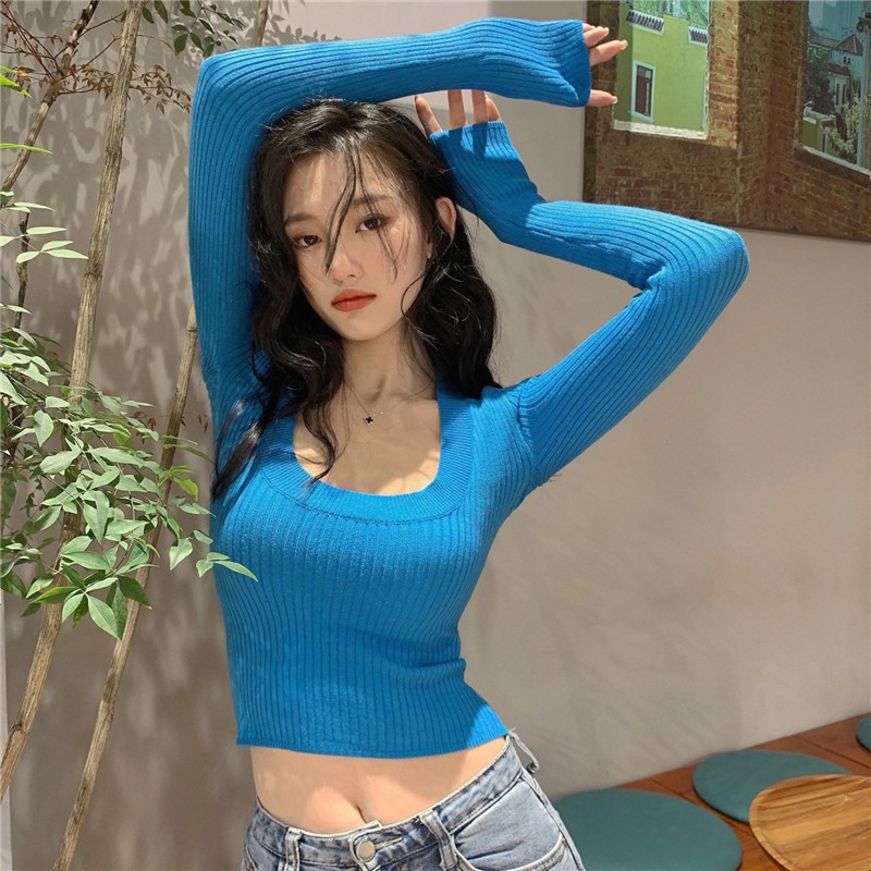 Áo Dệt Kim Dáng Ôm Cổ Chữ U Màu Trơn Phong Cách Hàn Quốc Thời Trang Quyến Rũ