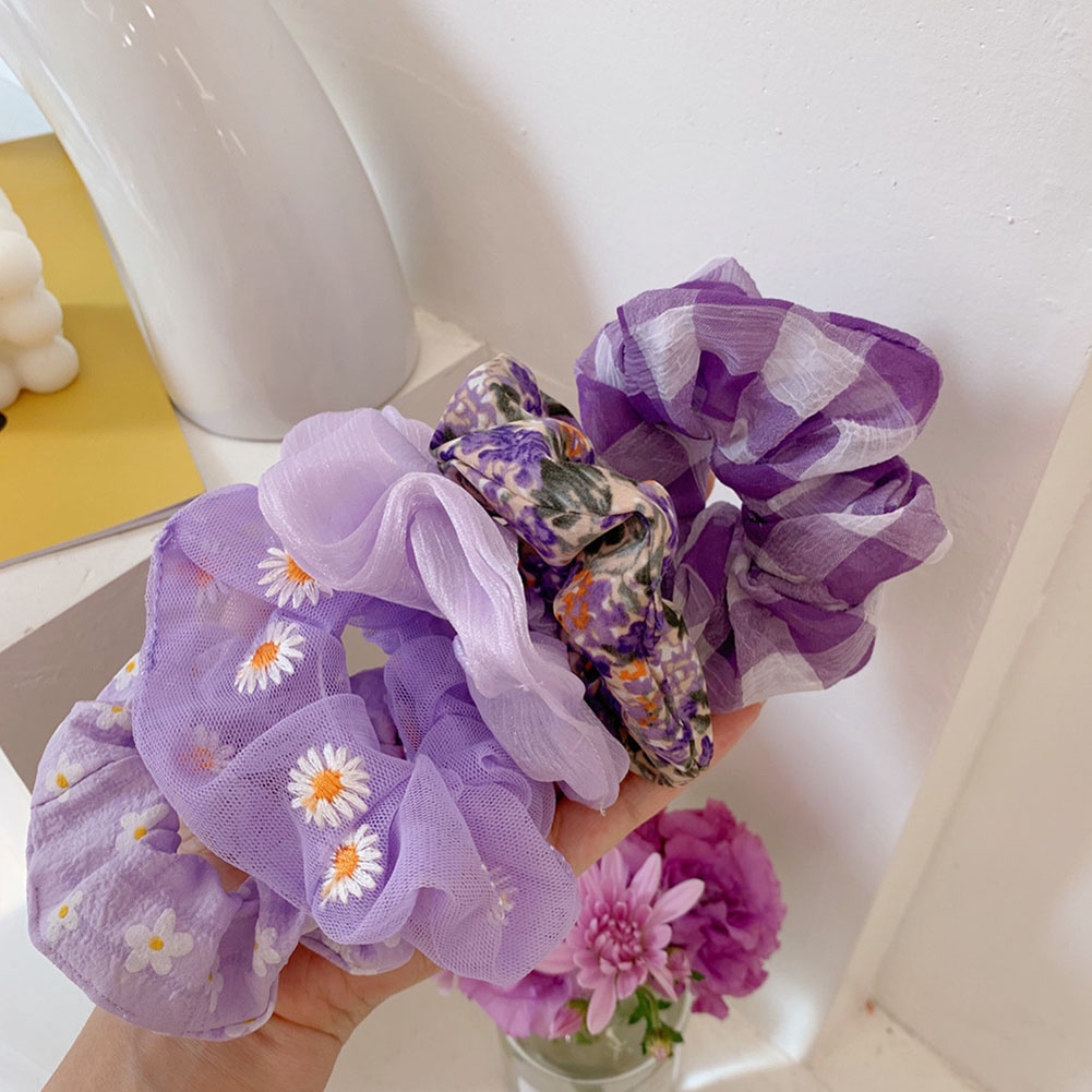 Dây Buộc Tóc Họa Tiết Hoa Cúc Màu Tím Co Giãn Tốt Xinh Xắn