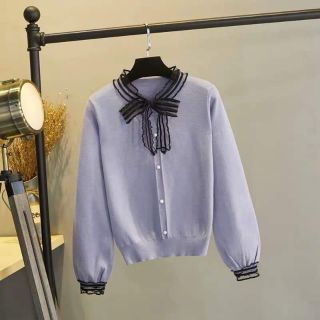 Áo len lông cừu cổ nơ voan