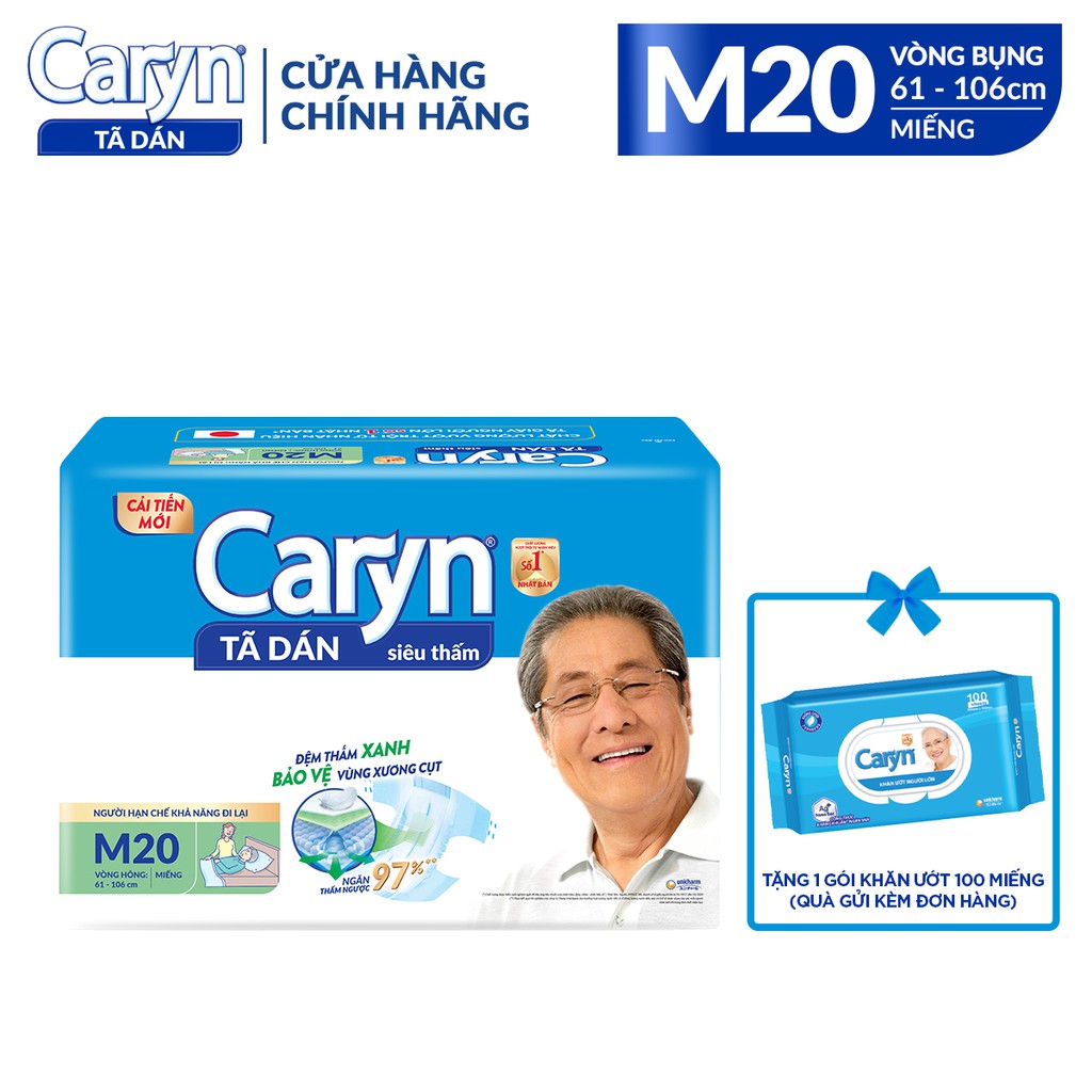 [Mã FMCG8 - 8% đơn 250K] [TẶNG 1 GÓI KHĂN ƯỚT/ DÉP CHỐNG TRƯỢT] Tã Dán Người Lớn Caryn Siêu Thấm Size M20 Miếng Gói Đại