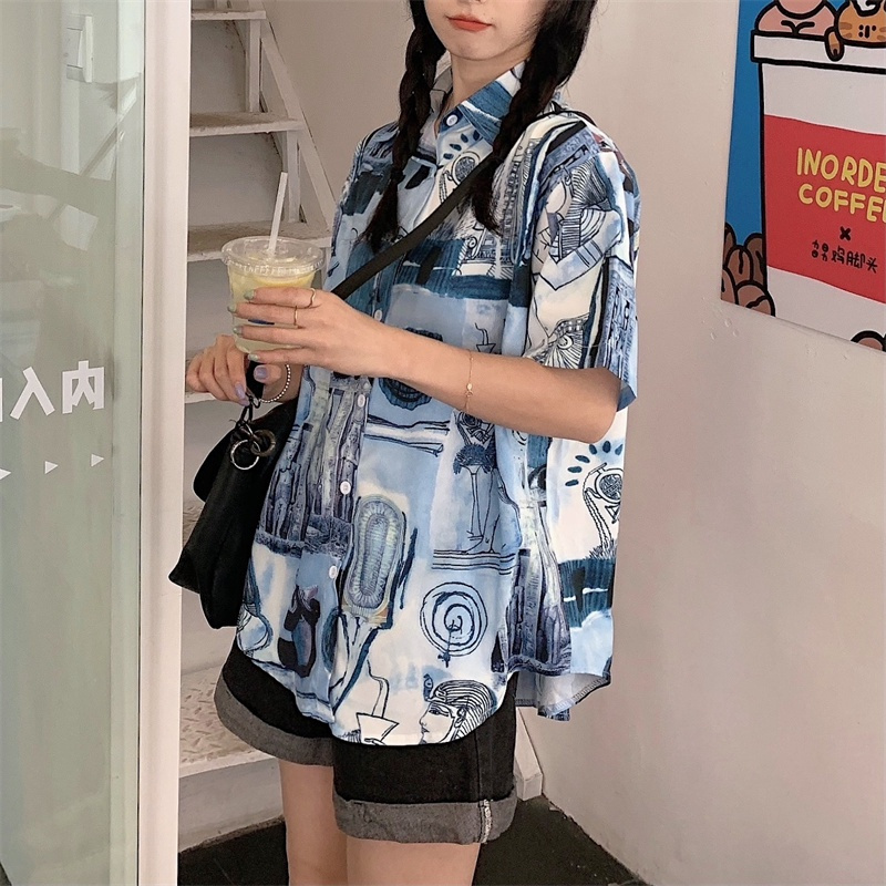 Áo sơ mi SUXI tay ngắn dáng rộng in họa tiết phong cách cổ điển cho nữ