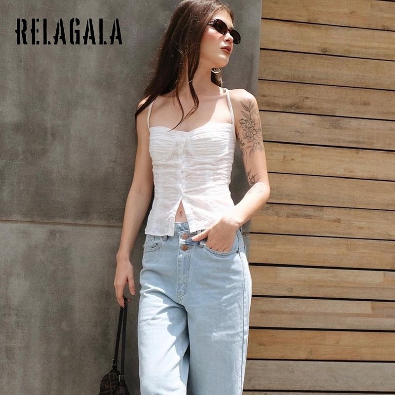 Relagala Áo Tank Top Hai Dây Cắt Nút Hình Hoa Cho Nữ