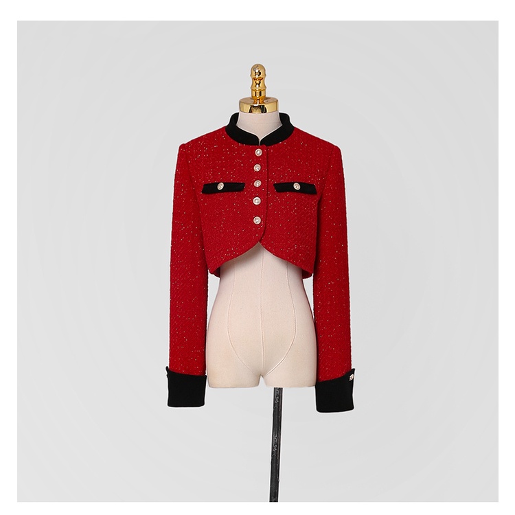 Xiaoxiangfeng OL Bộ Áo Khoác Vest Ngắn Vải Tweed Đỏ Phối Chân Váy Nhung Đen Phong Cách Phương Tây Thời Trang Mùa Thu 2022