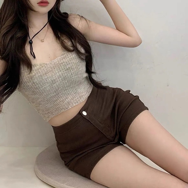 Quần ngắn IELGY denim mỏng nâng mông màu nâu dễ phối đồ cho nữ