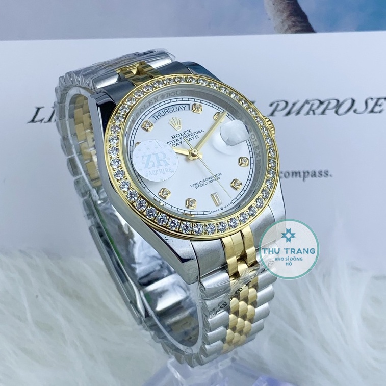 Đồng hồ nam Rolex- đồng hồ cơ Automatic Rolex classic mặt trắng viền đá dây demi 2 lịch