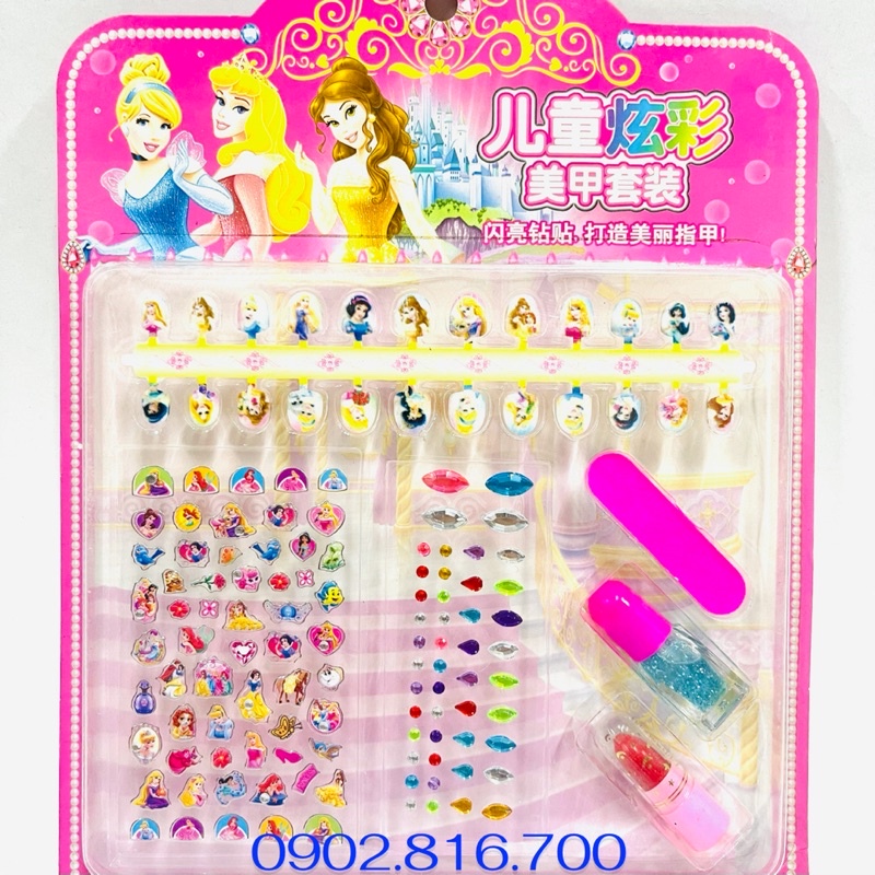 Vỉ đồ chơi trang điểm làm móng làm nails sticker 3D nổi dán móng tay cho bé gái hình Elsa-công chúa Disney-Ariel-Sofia