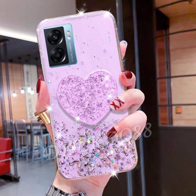 Ốp Điện Thoại Trang Trí Kim Tuyến Có Giá Đỡ Hình Trái Tim Cho OPPO A77 5G / A57 4G OPPOA57 OPPOA77