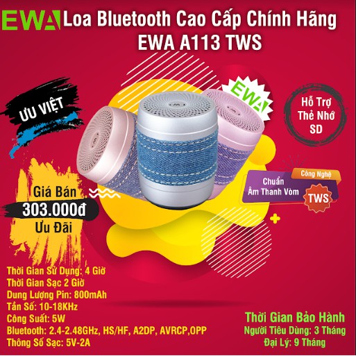 Loa Bluetooth Cao Cấp EWA A113 TWS Kết Nối 2 Loa